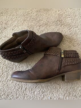 Lifestride Dark Brown Boho Braided Zipper Ankle Boots with Small Block Heel | 8M